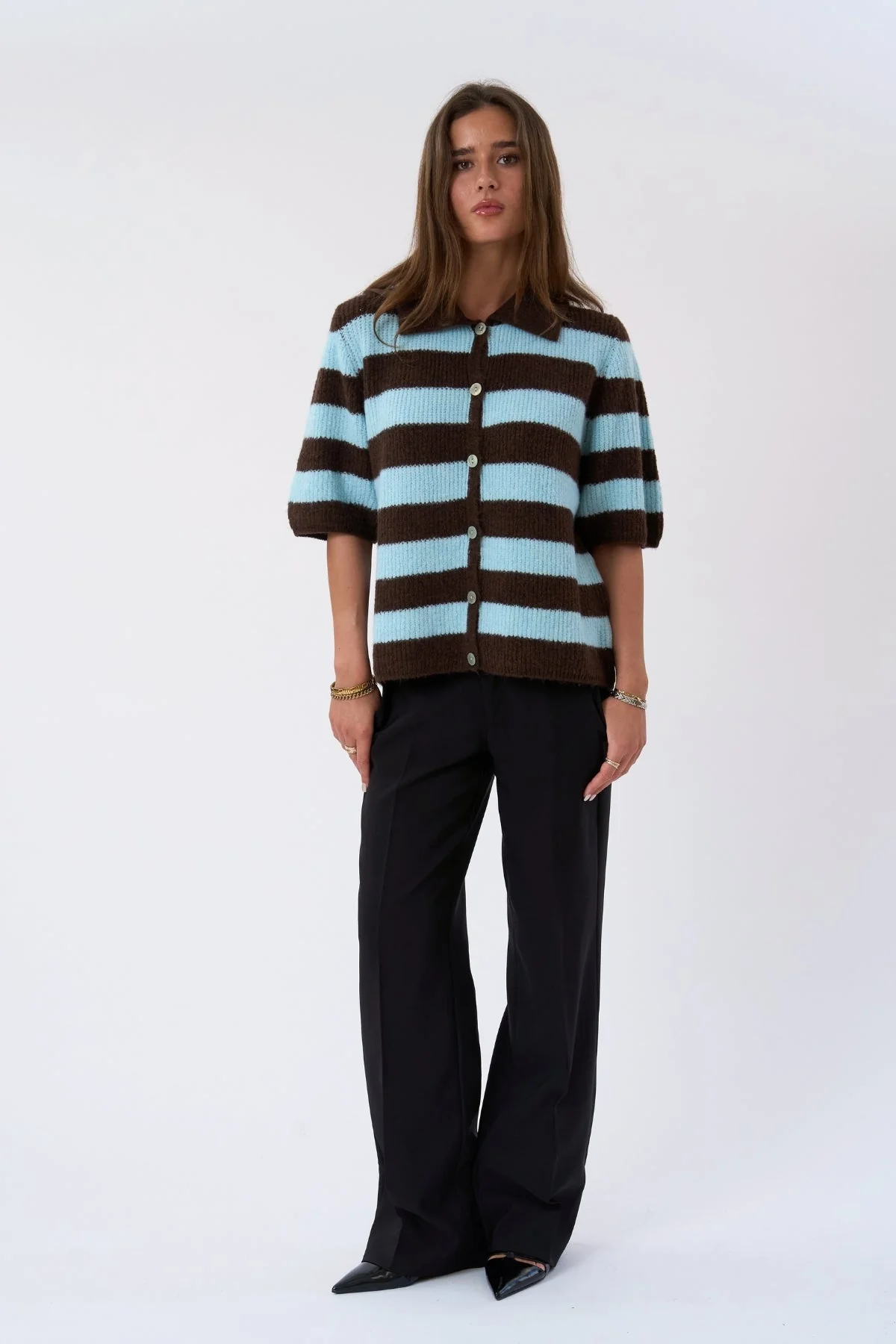 Alba Polo Knit – Schokolade/Hellblau - Image 3