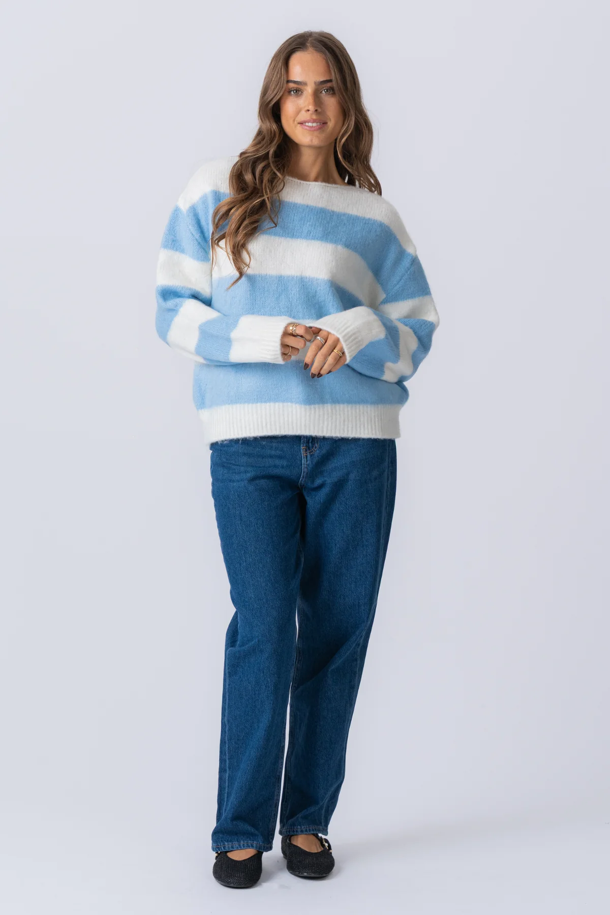 Celina gestreifte Strickpullover - Weiß/Himmelblau - Image 4