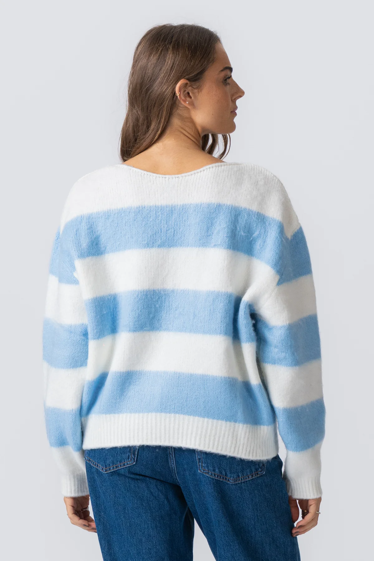 Celina gestreifte Strickpullover - Weiß/Himmelblau - Image 5