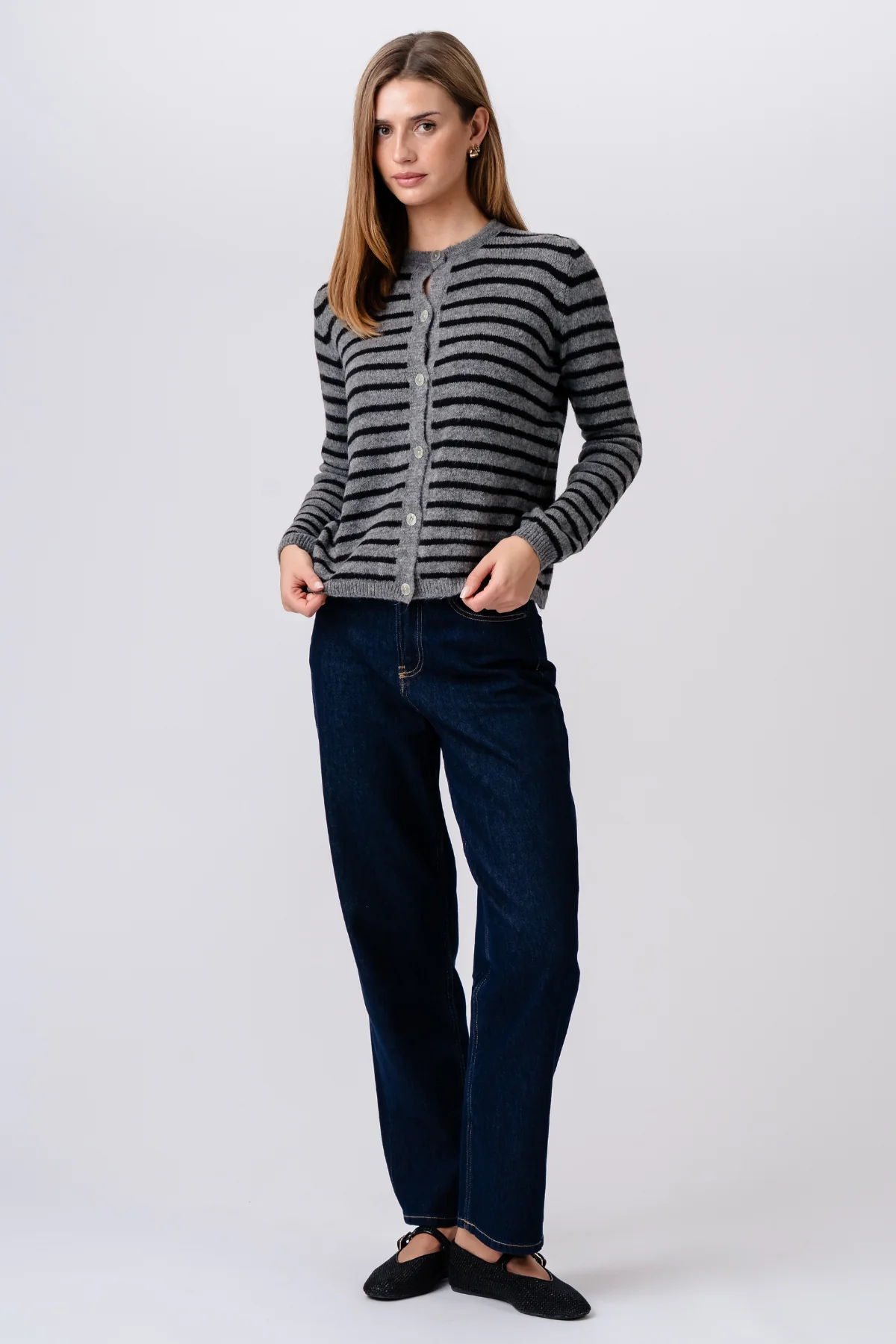 Gestreifter Crizette-Strick-Cardigan - Grau/Schwarz - Image 5