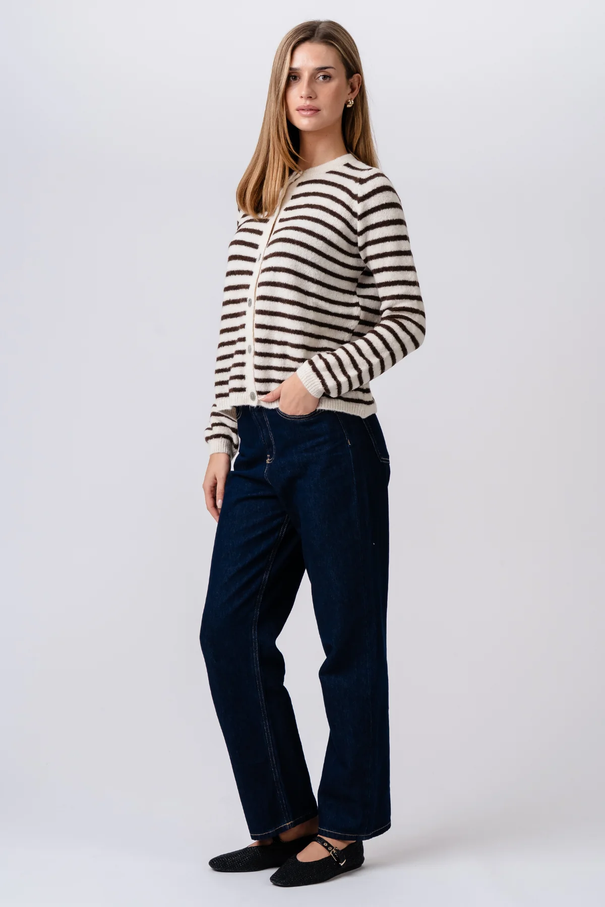 Gestreifter Crizette-Strick-Cardigan – gebrochenes Weiß/Braun - Image 6