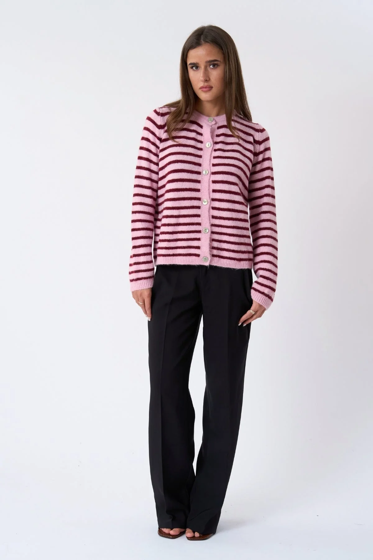 Gestreifter Crizette-Strick-Cardigan – Rosa/Burgund - Image 3