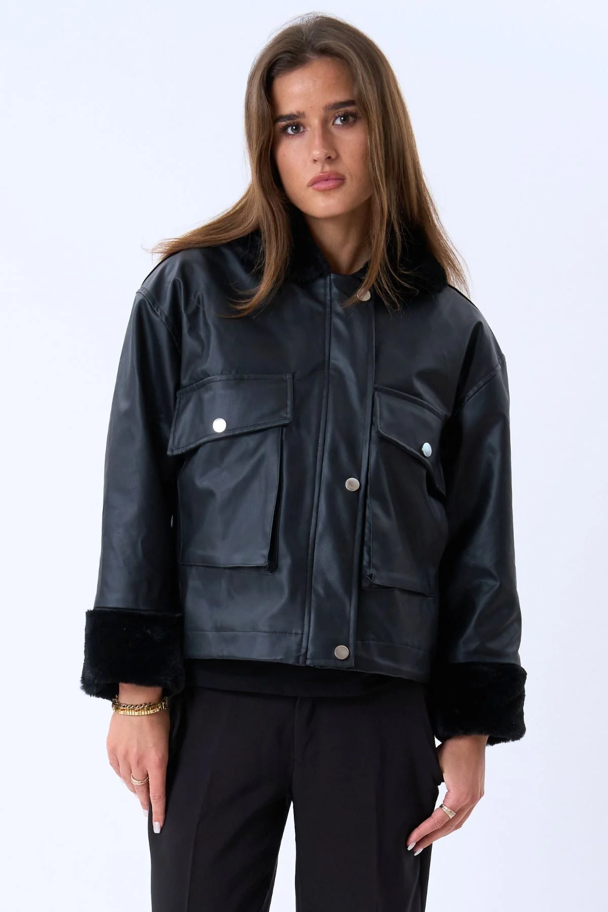 Faux Leder -Schearling -Jacke - Schwarz