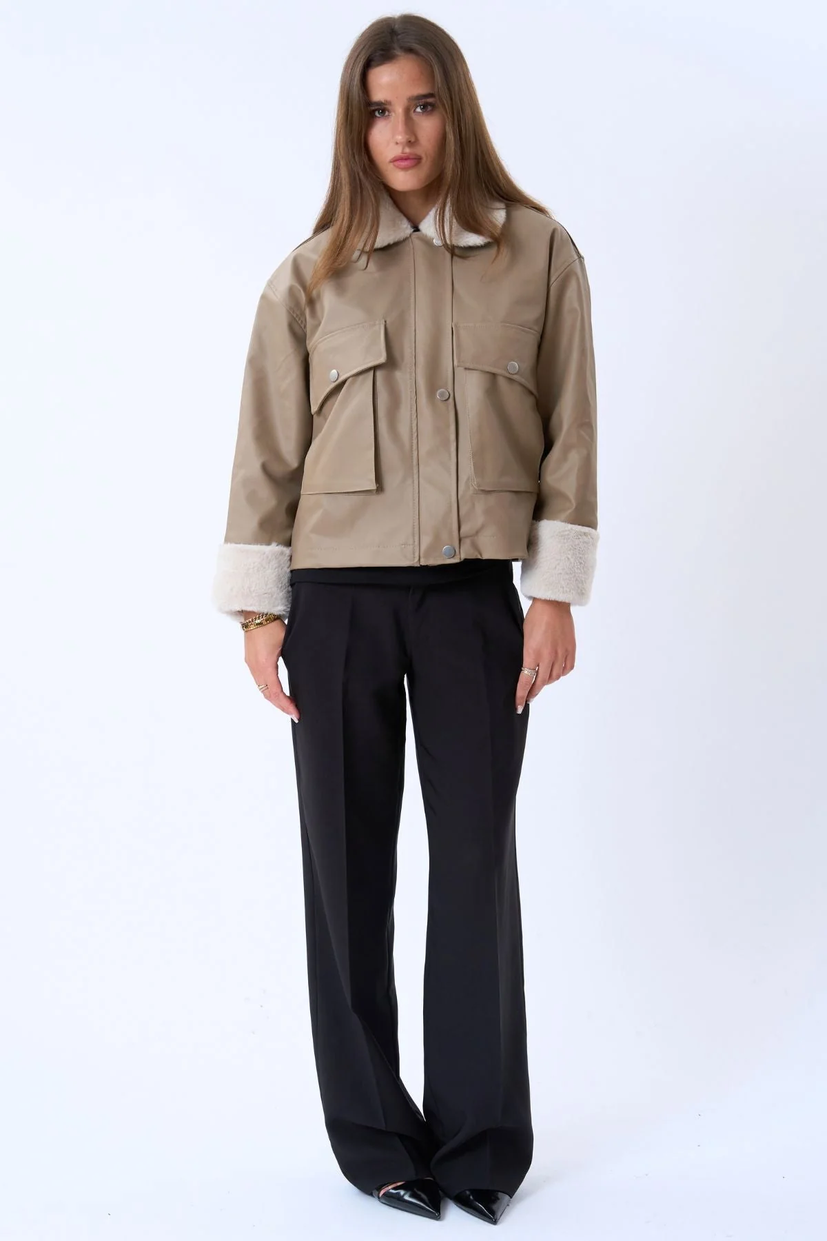 Faux Leder -Scherlingjacke - Beige - Image 2