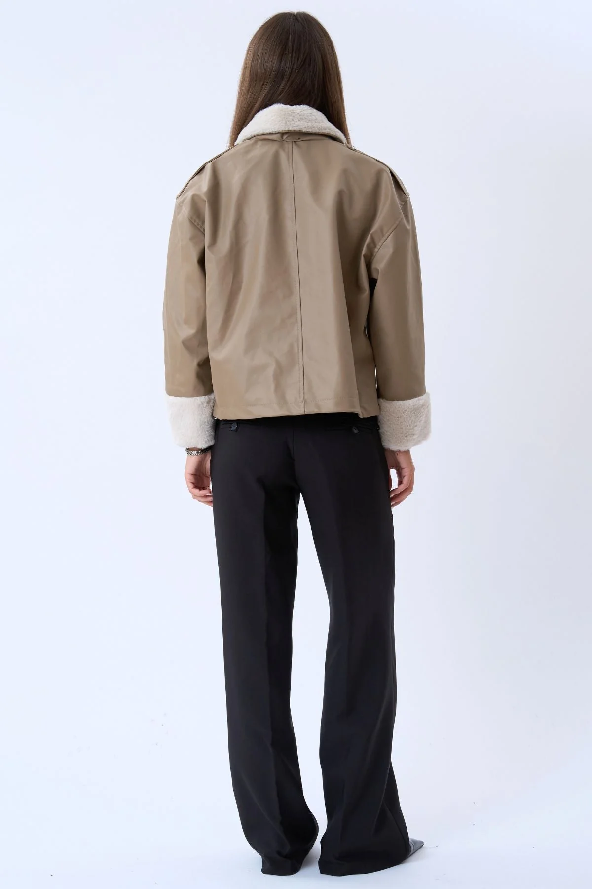 Faux Leder -Scherlingjacke - Beige - Image 3