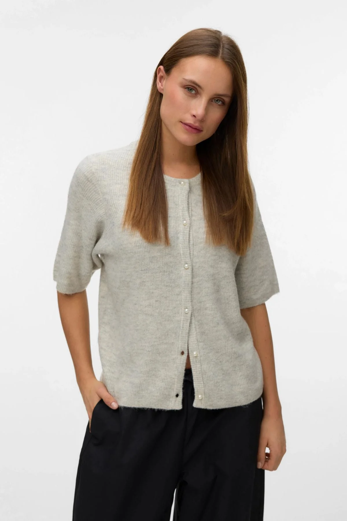 Lefile 2/4 O-Neck Pearl Cardigan – Hellgrau Melange