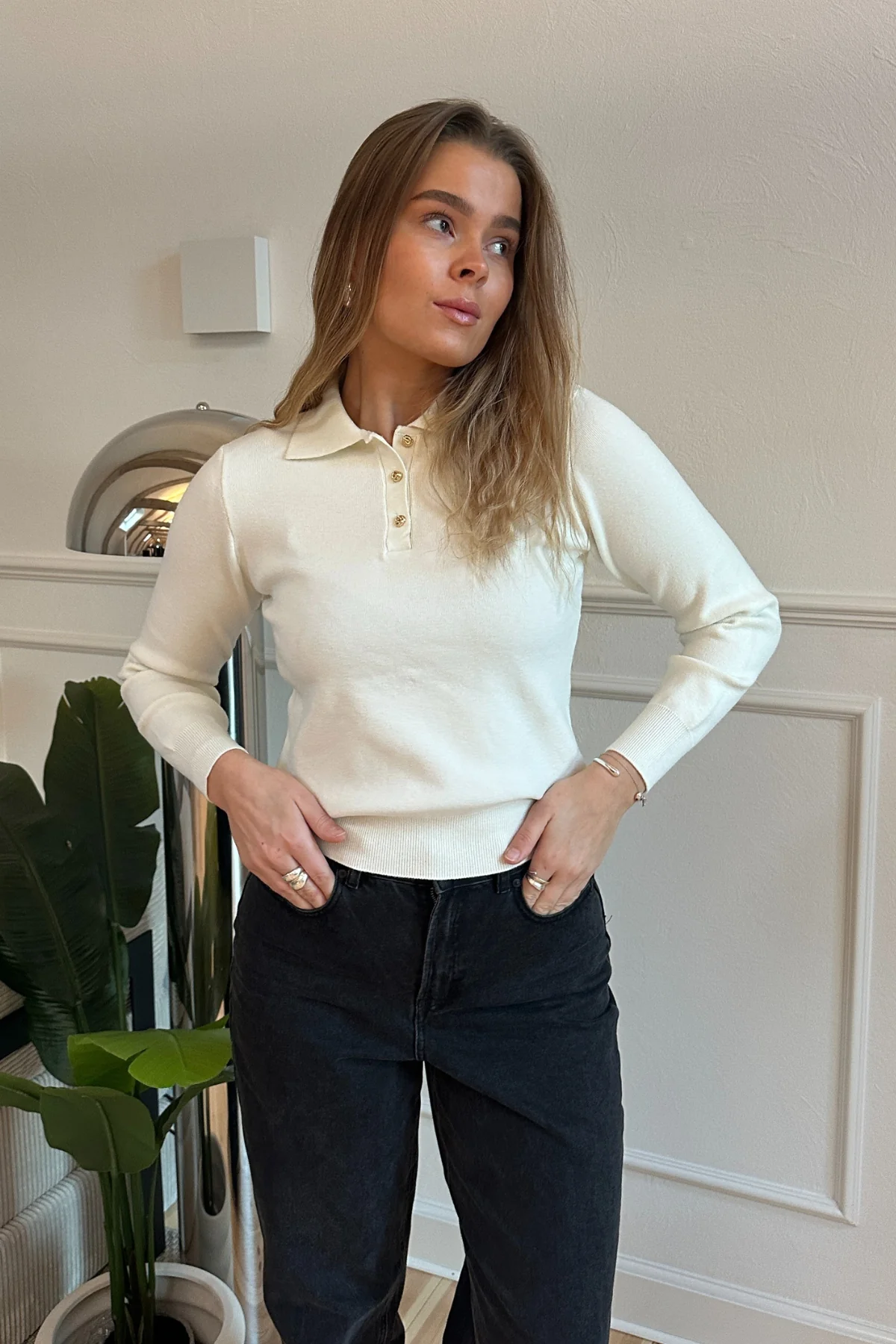 Langärmliges Poloshirt – Ecru - Image 2