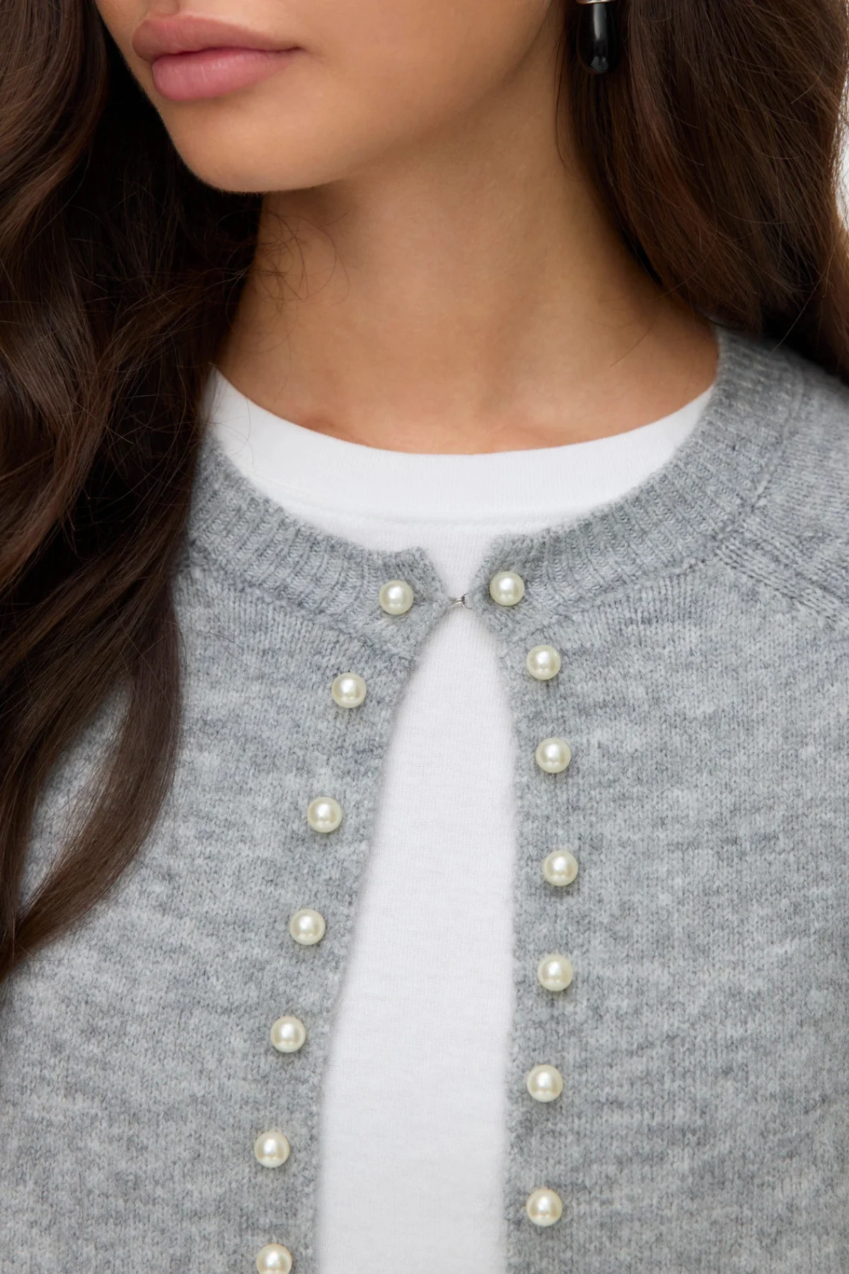 Magalene O -Neck Pearl Cardigan - mittelgrauer Melange - Image 3