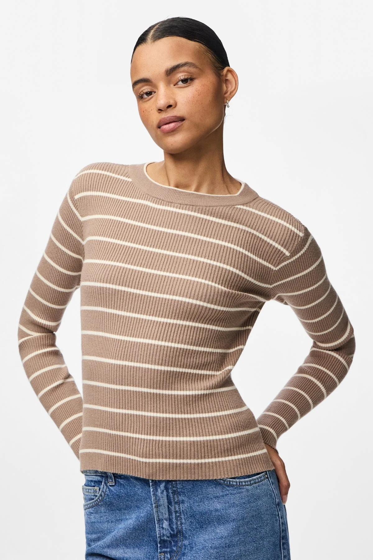 Mira New O-Neck Strick – Greige/Birke