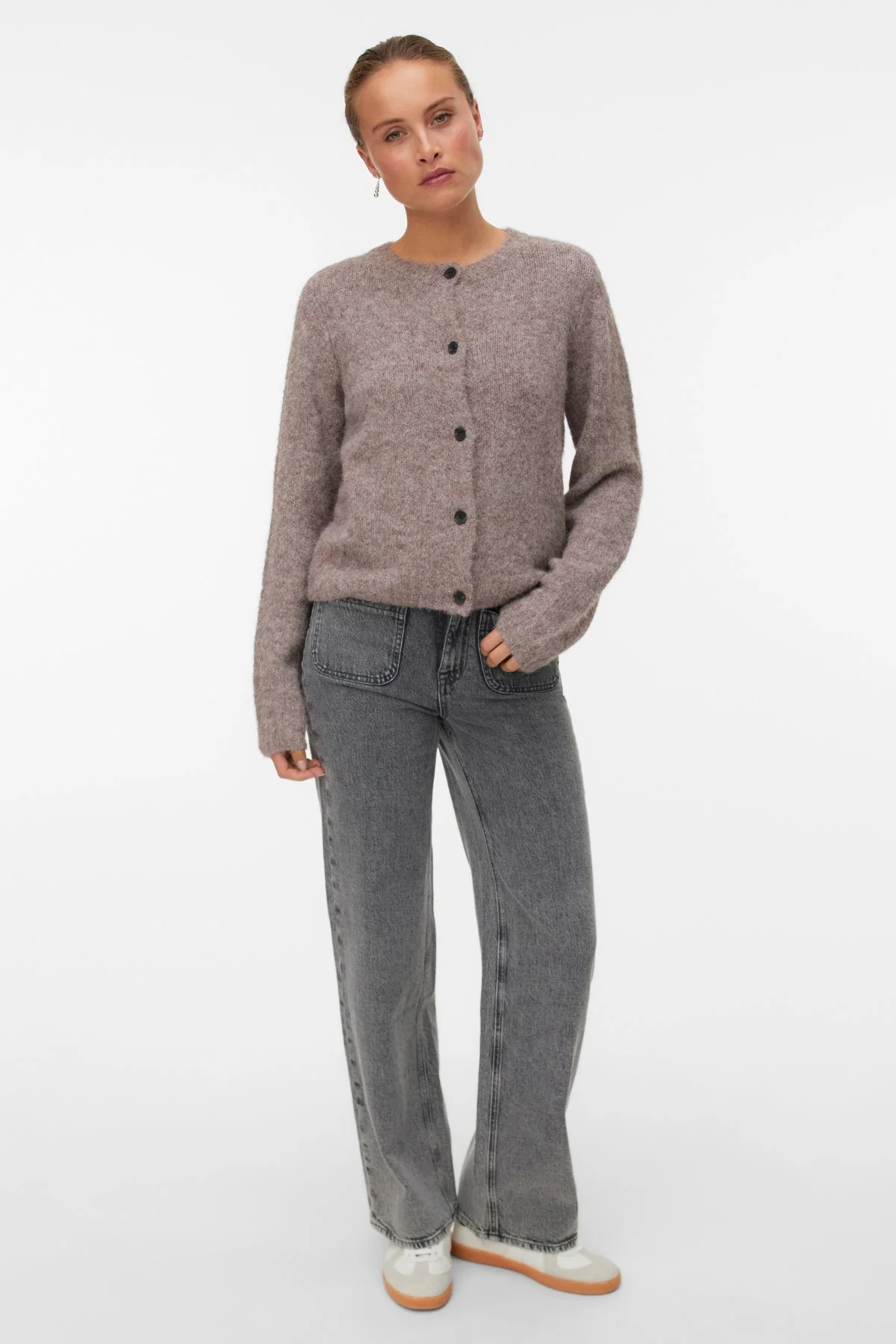 Novah O-Neck Button Cardi – Brown Lentil Melange - Image 2