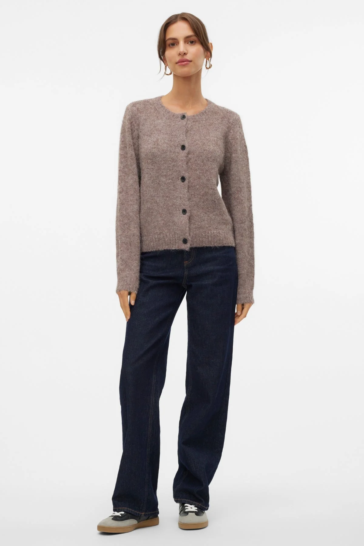 Novah O-Neck Button Cardi – Brown Lentil Melange - Image 3