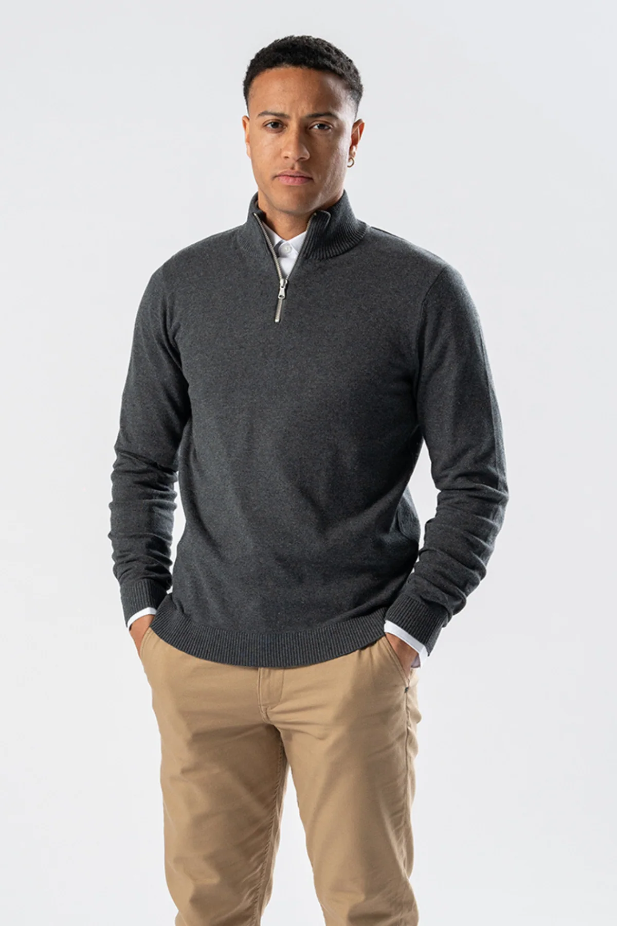 Pullover Halb Zip - Holzkohle Melange