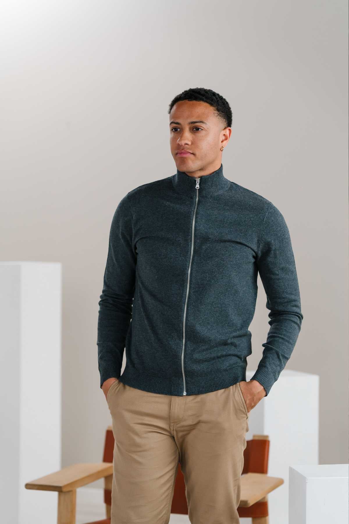 Pullover Zip Strickjacke - Holzkohle Melange - Image 4