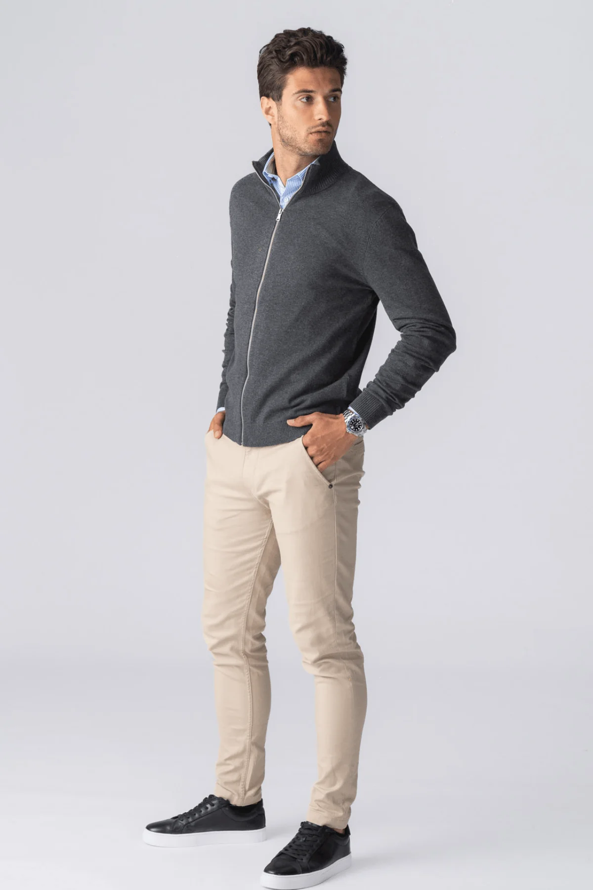 Pullover Zip Strickjacke - Holzkohle Melange - Image 6