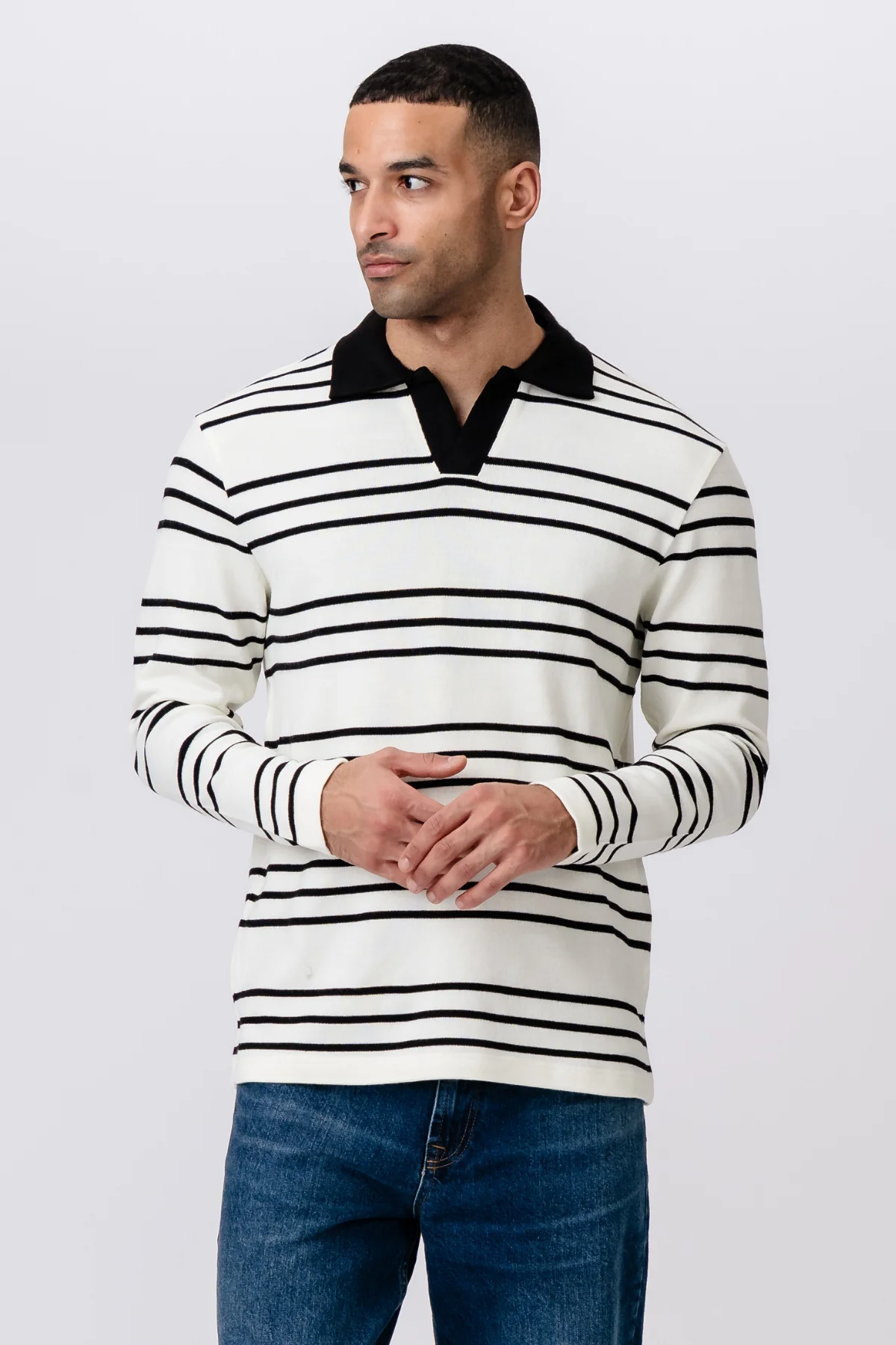 Gestreiftes Langarm-Polo – Ecru