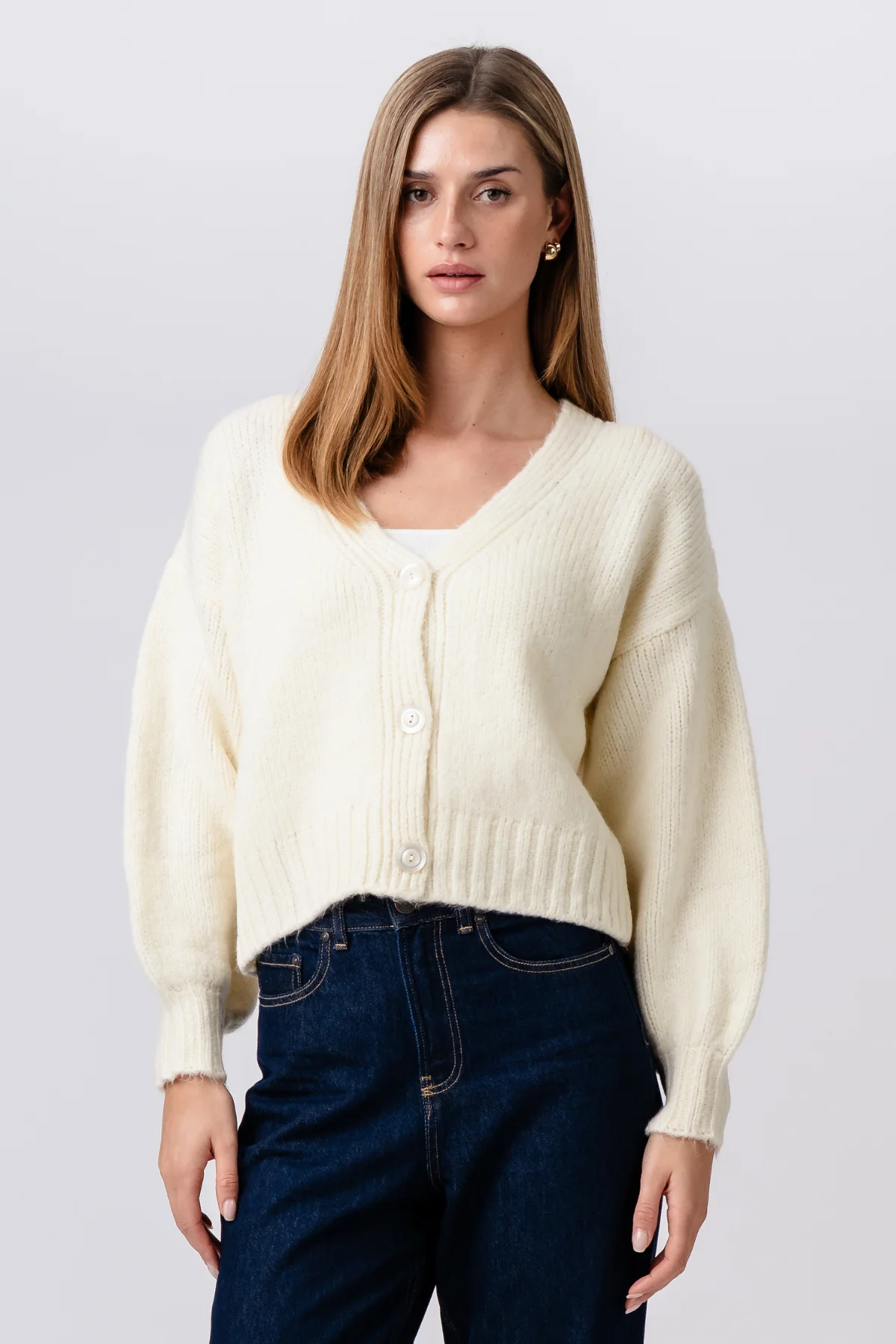 Strickjacke mit V-Ausschnitt – Ecru